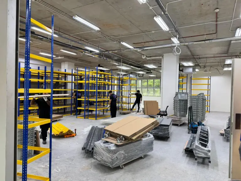 Mofex crew setting up warehouse racking and shelving
