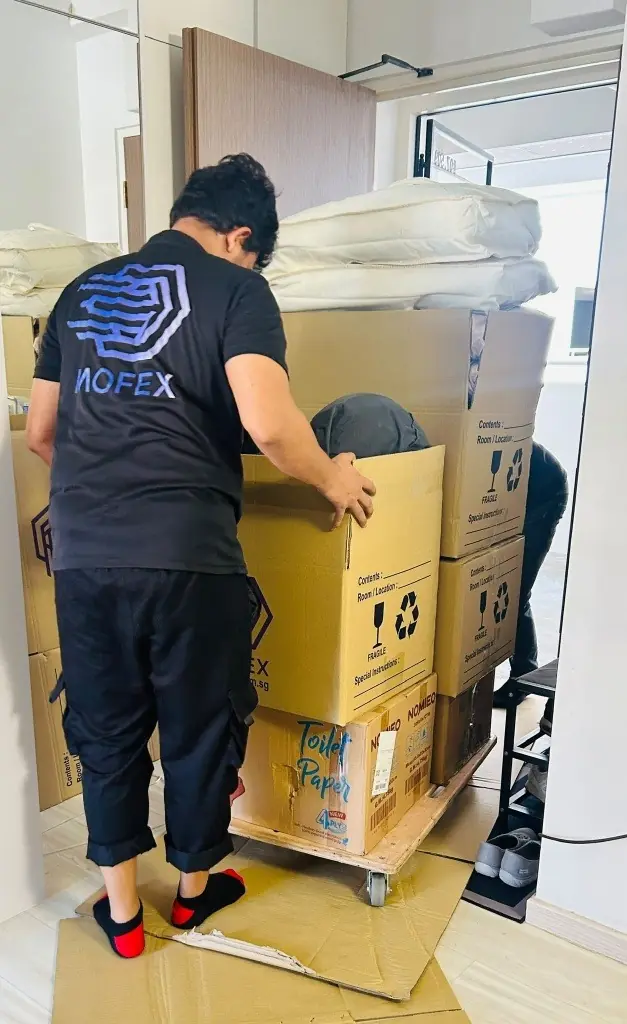 Mofex mover loading cartons onto a trolley over floor protection boards