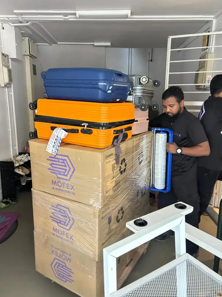 Mofex mover stretch-wrapping boxes and luggage for a home move