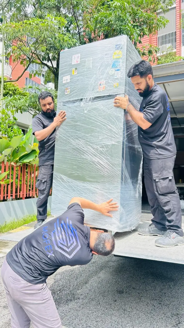 Mofex movers loading a stretch-wrapped fridge onto the lorry